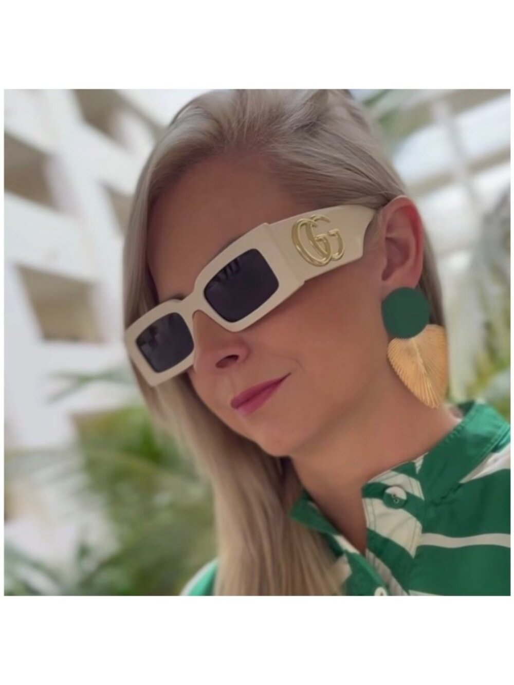Gucci GG1425S Rectangular Sunglasses Ivory White Brown